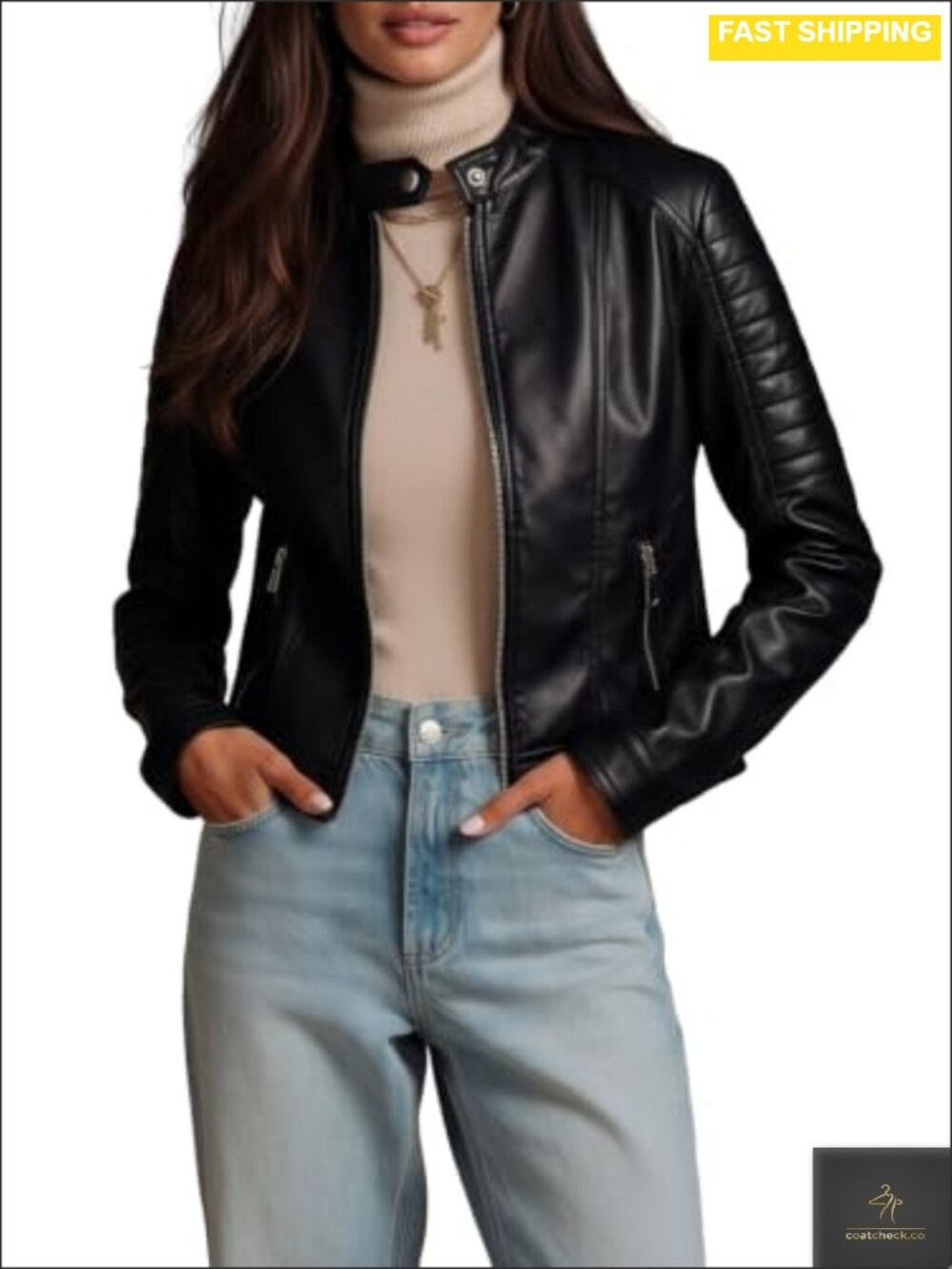Faux Leather Motorcycle Jacket Stand Collar Slim Fit Moto Zip Up